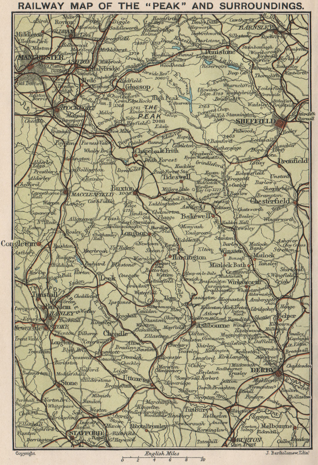 PEAK DISTRICT. Peak & approaches railway map Derby Sheffield Manchester 1903